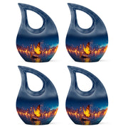 Bright Blue Butterfly Cremation Urn lifestyle display on memorial shelf - faith-inspired cross-drop urn with butterfly pattern - 10 inch aluminum urn for cremated remains