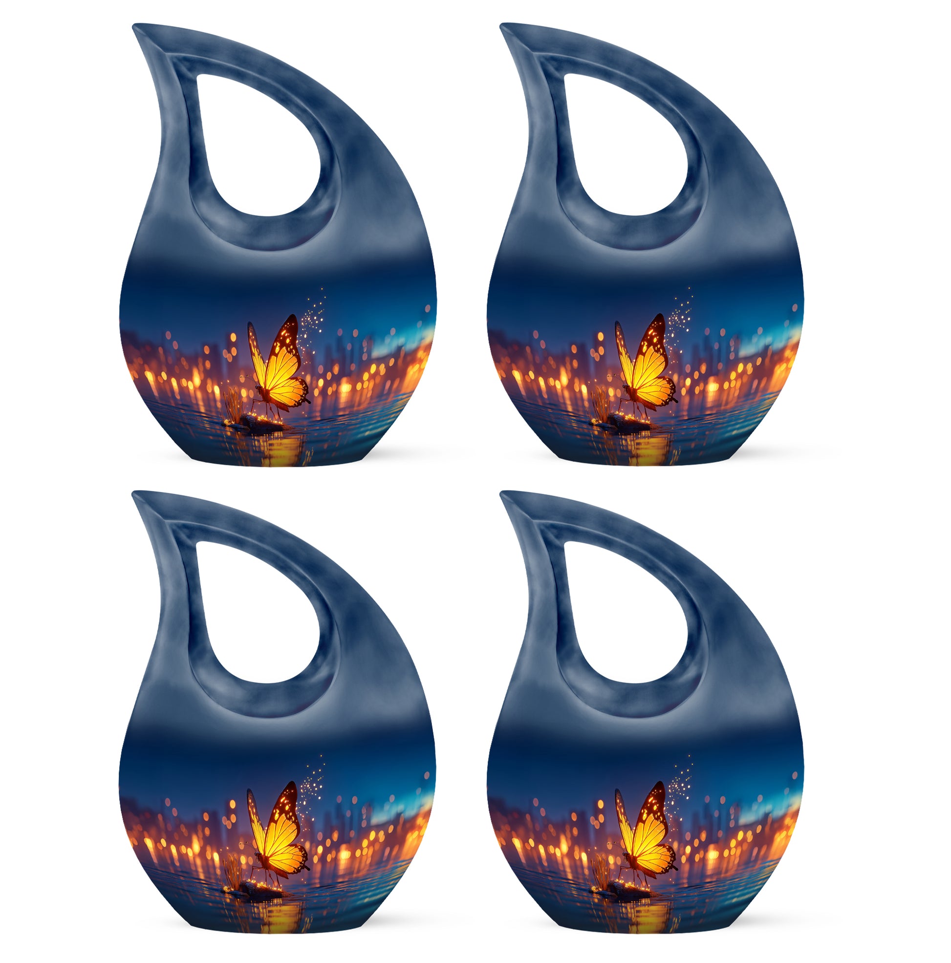 Bright Blue Butterfly Cremation Urn lifestyle display on memorial shelf - faith-inspired cross-drop urn with butterfly pattern - 10 inch aluminum urn for cremated remains