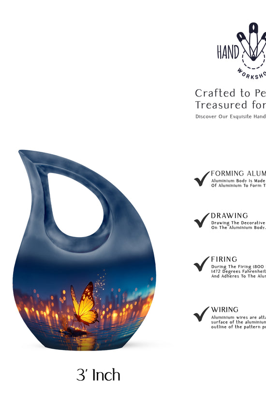 Icy Blue Butterfly Cremation Urn back view with polished surface - cross and butterfly combined in spiritual memorial design - mini keepsake memorial for portion of cremation ashes
