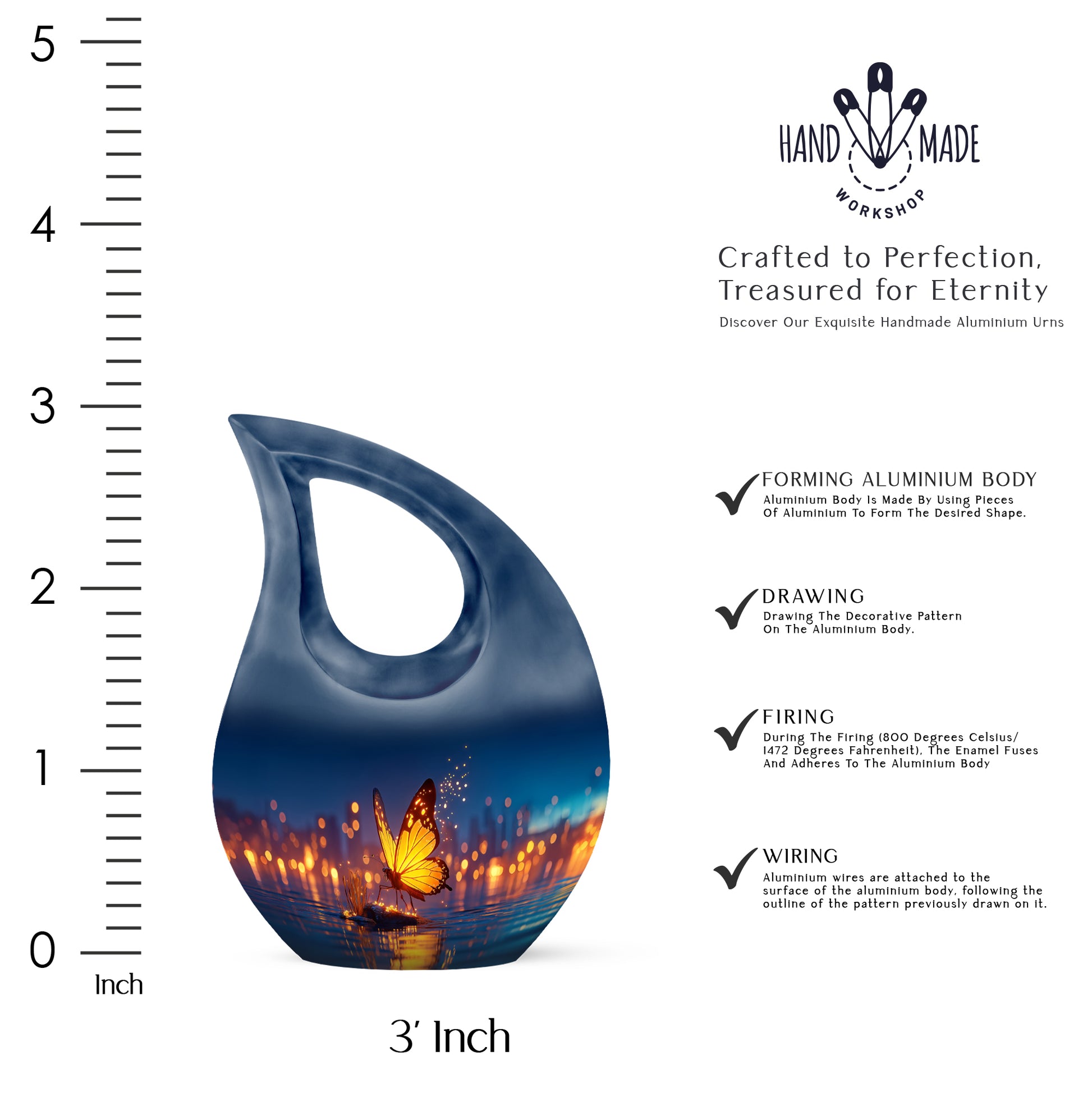Icy Blue Butterfly Cremation Urn back view with polished surface - cross and butterfly combined in spiritual memorial design - mini keepsake memorial for portion of cremation ashes