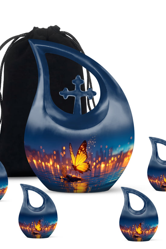 Royal Blue Butterfly Cremation Urn urn with complimentary velvet bag - devotional cross-drop butterfly engraving - memorial set with one large and four small urns