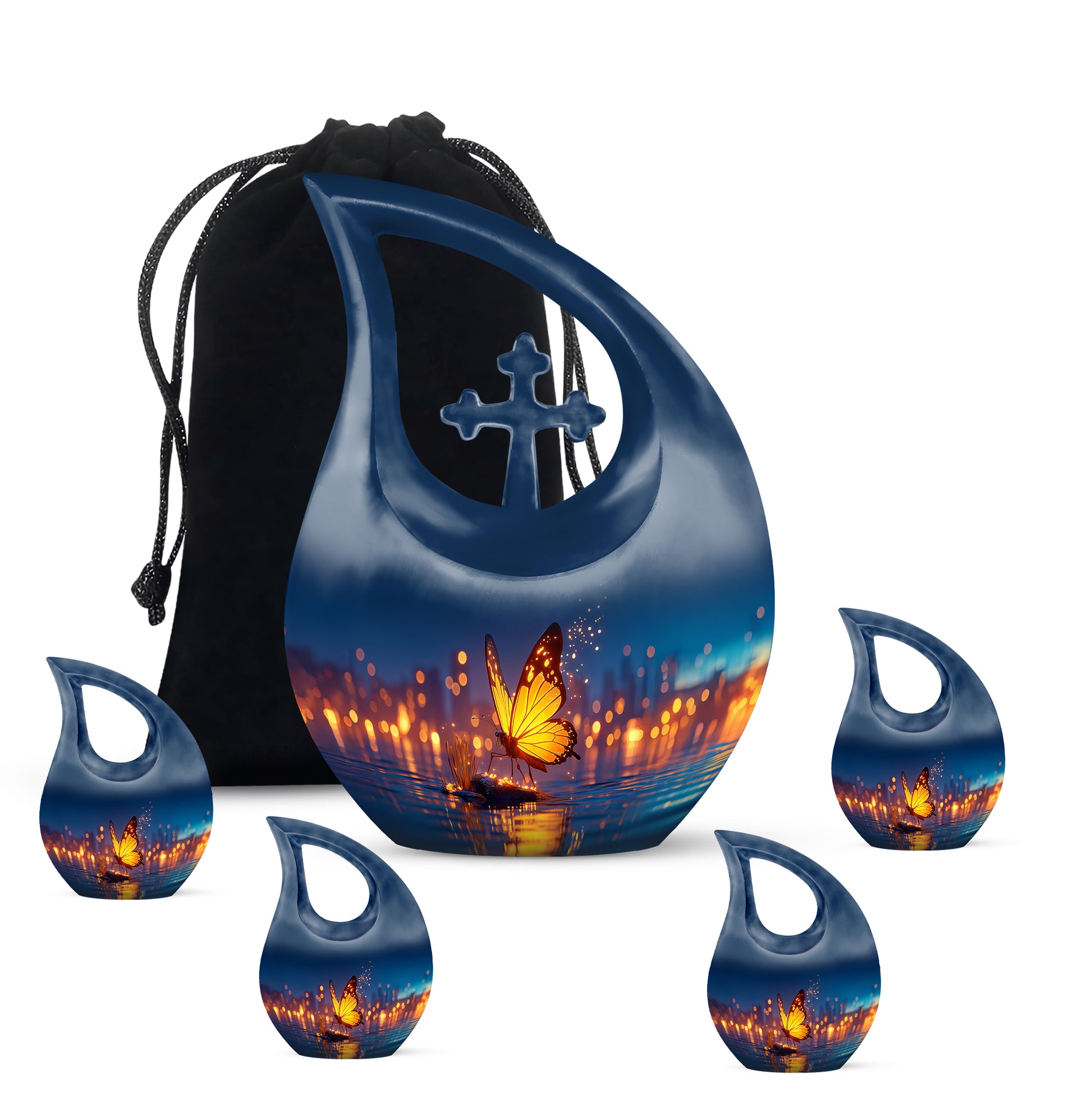 Royal Blue Butterfly Cremation Urn urn with complimentary velvet bag - devotional cross-drop butterfly engraving - memorial set with one large and four small urns