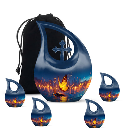 Royal Blue Butterfly Cremation Urn urn with complimentary velvet bag - devotional cross-drop butterfly engraving - memorial set with one large and four small urns