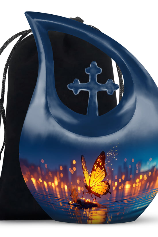 Powder Blue Butterfly Cremation Urn top-down view of secure threaded lid - cross and butterfly combined in spiritual memorial design - full-size 10 inch 200 cubic inch adult cremation urn