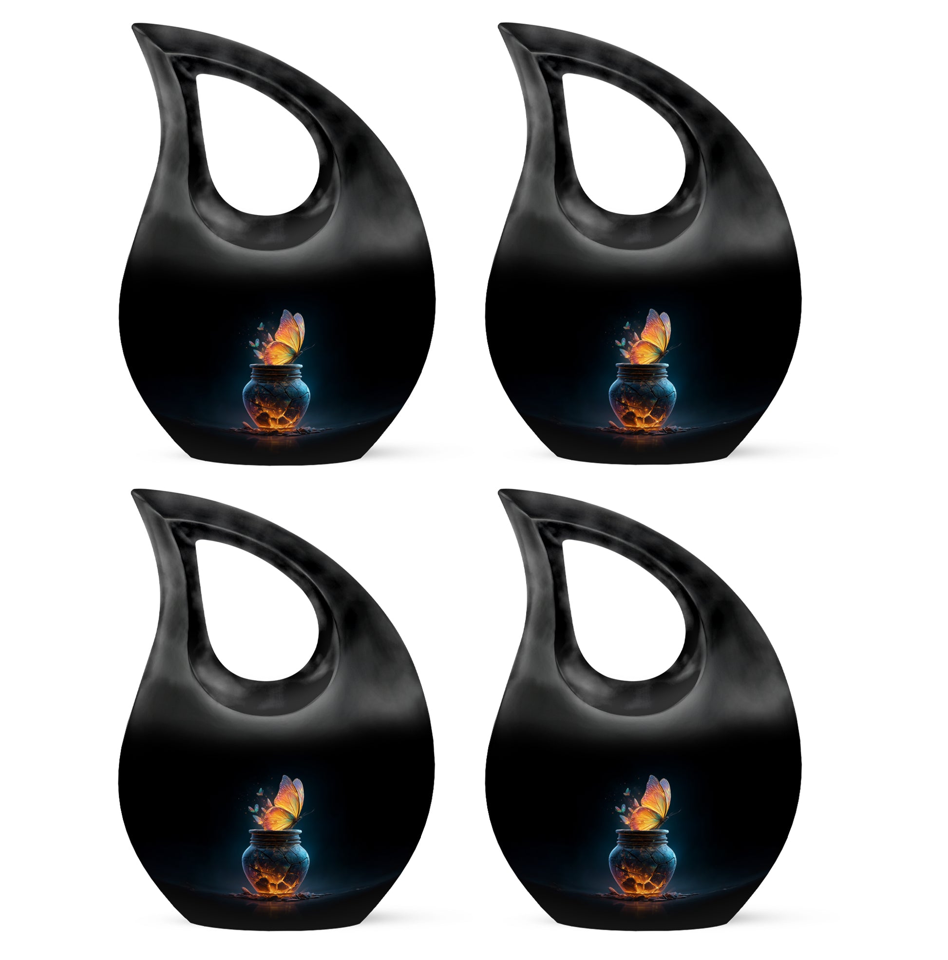 Charcoal Black Butterfly Cremation Urn lifestyle display on memorial shelf - faith-inspired cross-drop urn with butterfly pattern - 10 inch aluminum urn for cremated remains