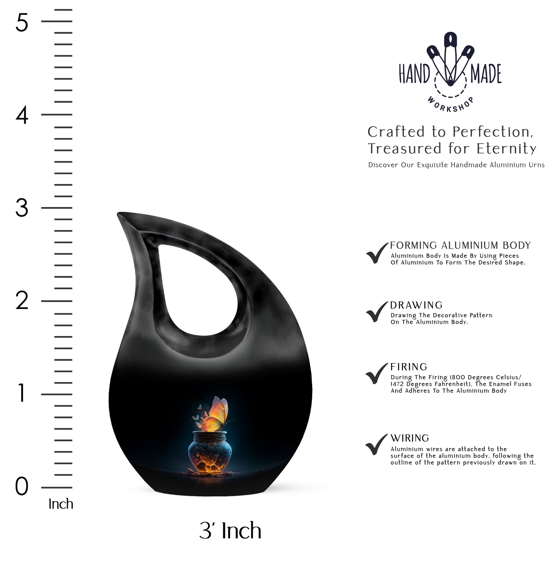 Rich Black Butterfly Cremation Urn back view with polished surface - sacred cross merged with butterfly motif on metal - mini keepsake memorial for portion of cremation ashes