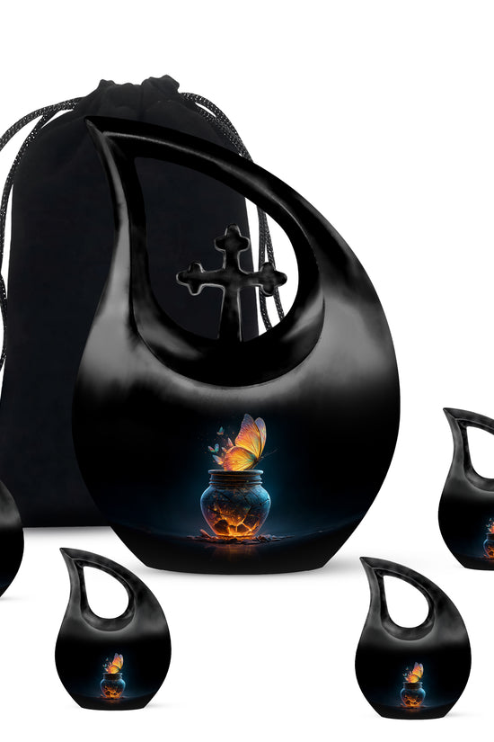 Ebony Butterfly Cremation Urn urn with complimentary velvet bag - sacred cross merged with butterfly motif on metal - memorial set with one large and four small urns