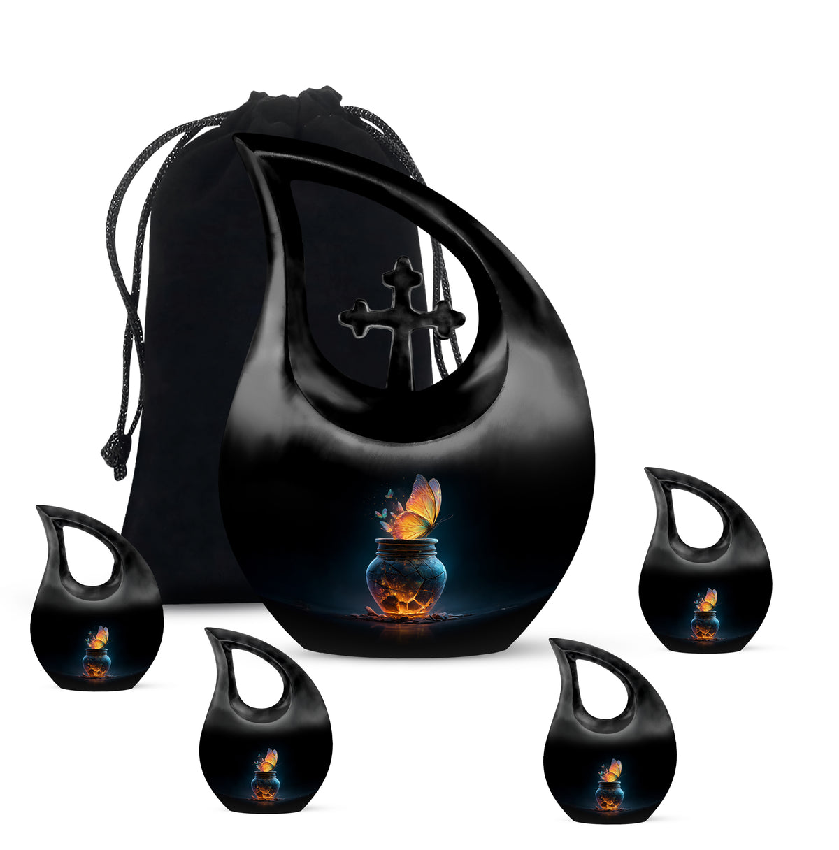 Ebony Butterfly Cremation Urn urn with complimentary velvet bag - sacred cross merged with butterfly motif on metal - memorial set with one large and four small urns