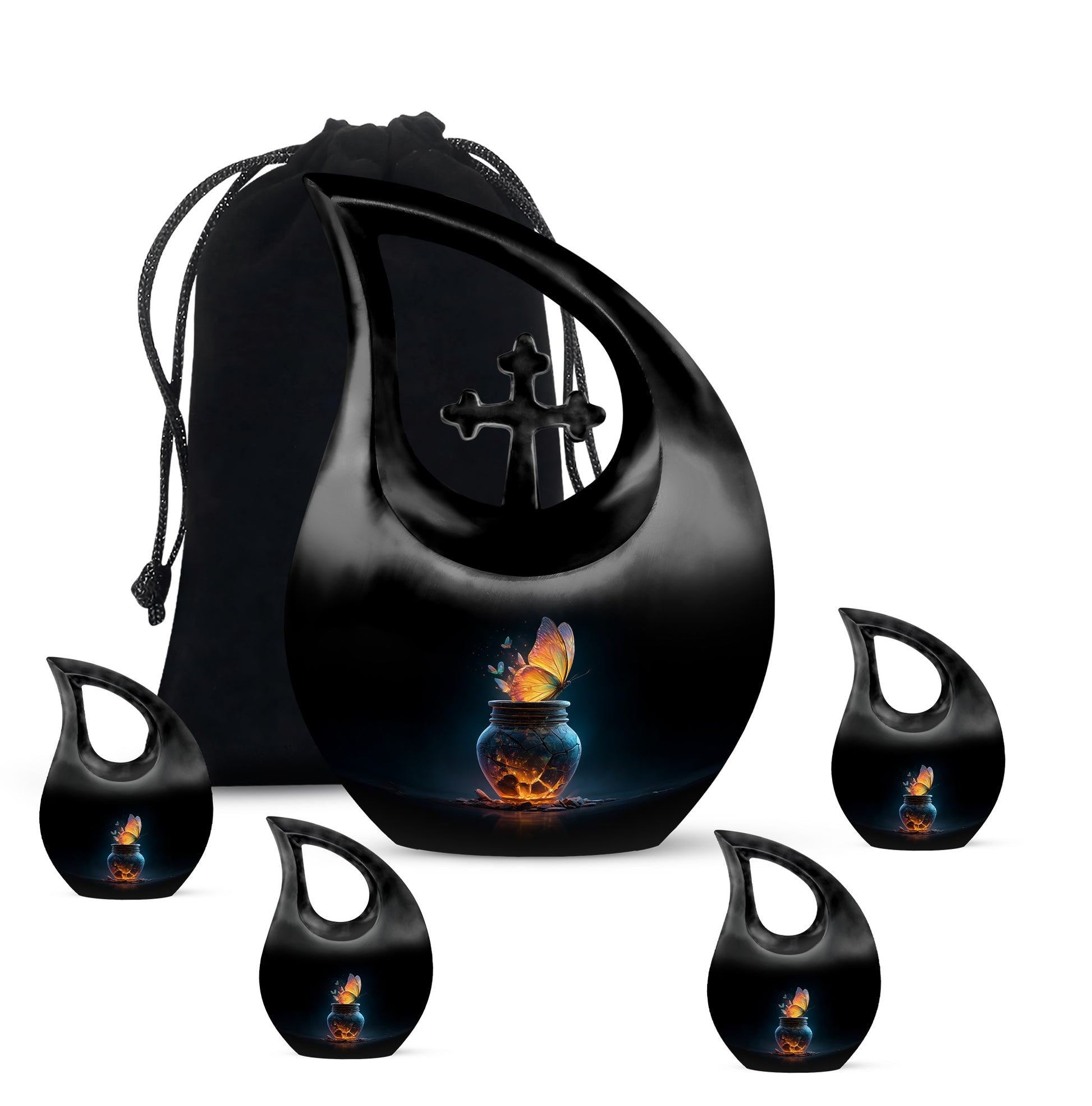 Ebony Butterfly Cremation Urn urn with complimentary velvet bag - sacred cross merged with butterfly motif on metal - memorial set with one large and four small urns