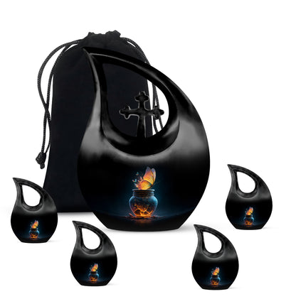 Ebony Butterfly Cremation Urn urn with complimentary velvet bag - sacred cross merged with butterfly motif on metal - memorial set with one large and four small urns