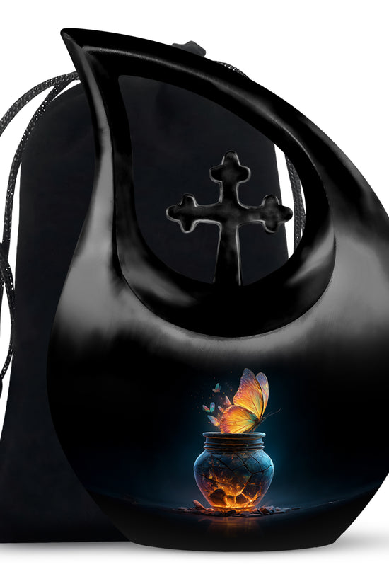 Dark Black Butterfly Cremation Urn top-down view of secure threaded lid - faith-inspired cross-drop urn with butterfly pattern - full-size 10 inch 200 cubic inch adult cremation urn