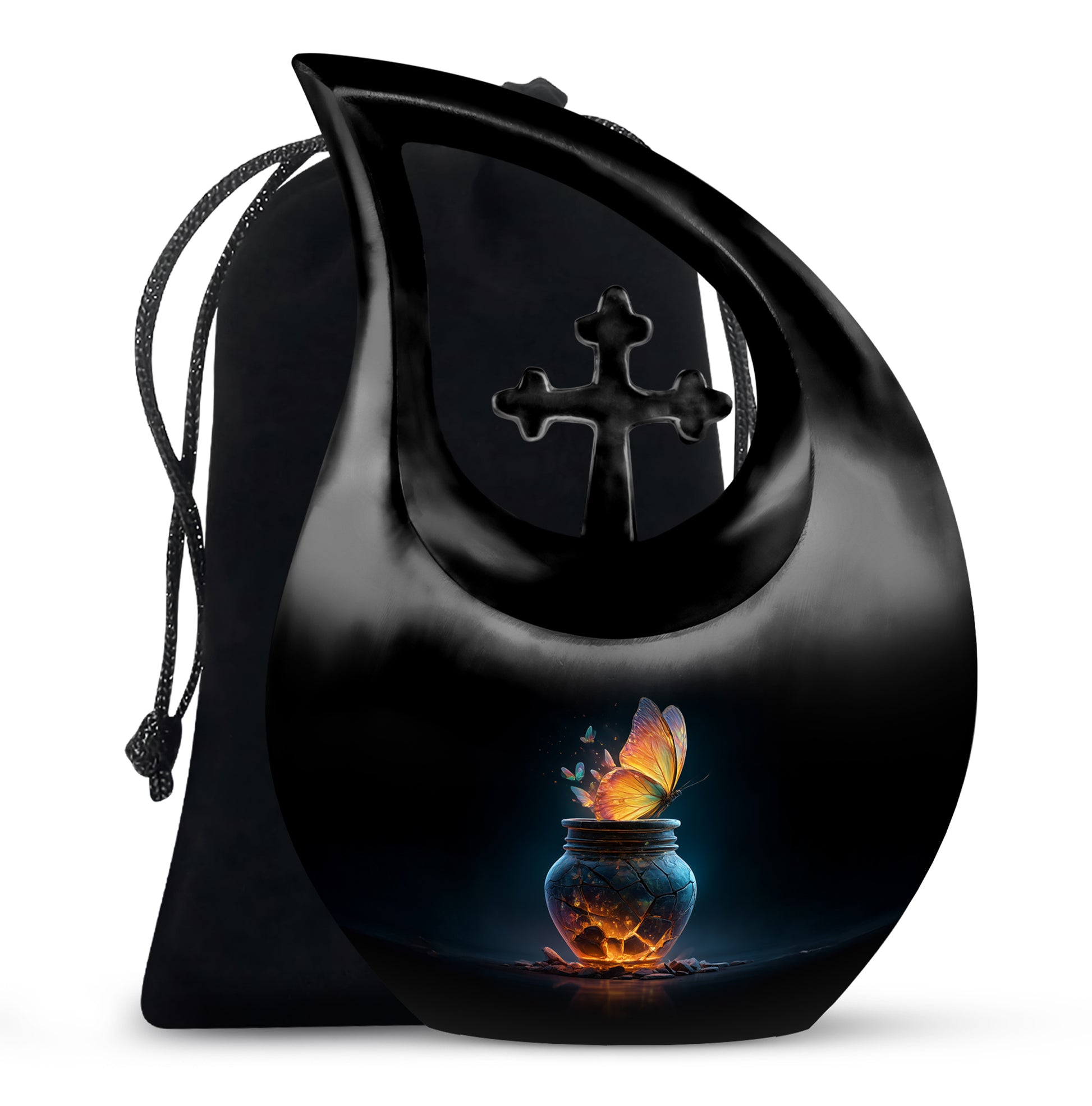 Dark Black Butterfly Cremation Urn top-down view of secure threaded lid - faith-inspired cross-drop urn with butterfly pattern - full-size 10 inch 200 cubic inch adult cremation urn