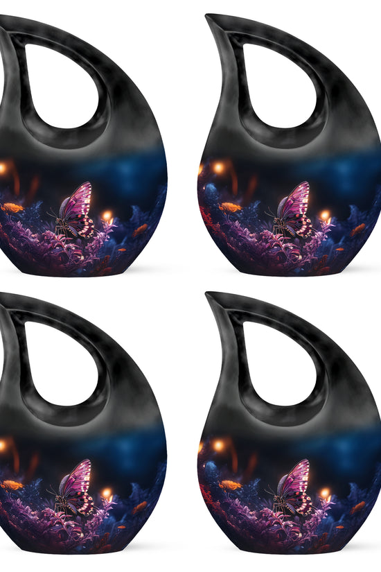 Obsidian Black Butterfly Cremation Urn lifestyle display on memorial shelf - faith-inspired cross-drop urn with butterfly pattern - 10 inch aluminum urn for cremated remains
