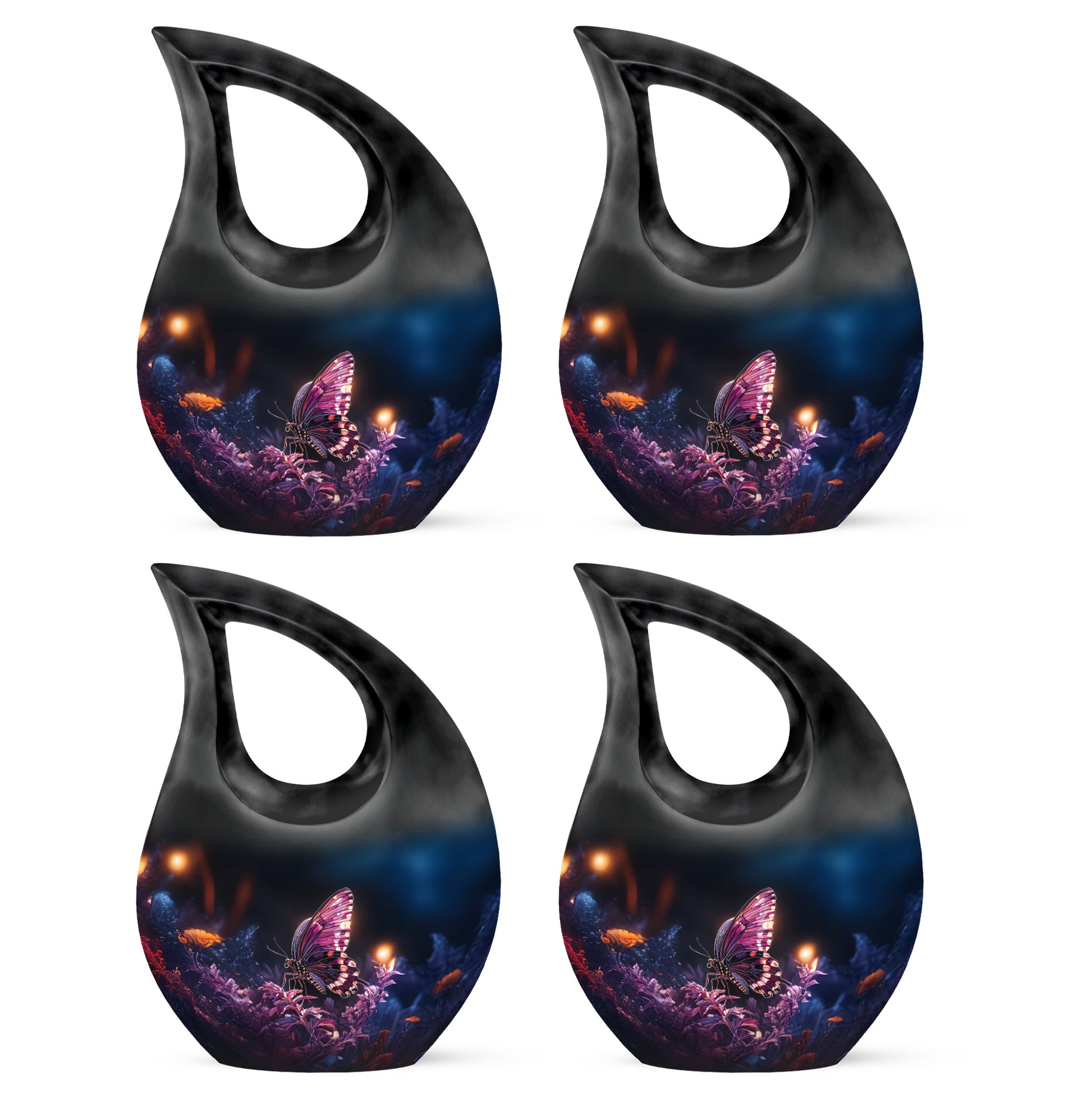 Obsidian Black Butterfly Cremation Urn lifestyle display on memorial shelf - faith-inspired cross-drop urn with butterfly pattern - 10 inch aluminum urn for cremated remains