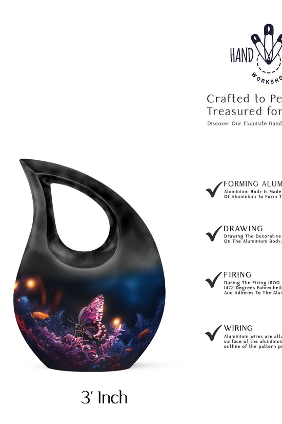 Jet Black Butterfly Cremation Urn back view with polished surface - sacred cross merged with butterfly motif on metal - mini keepsake memorial for portion of cremation ashes