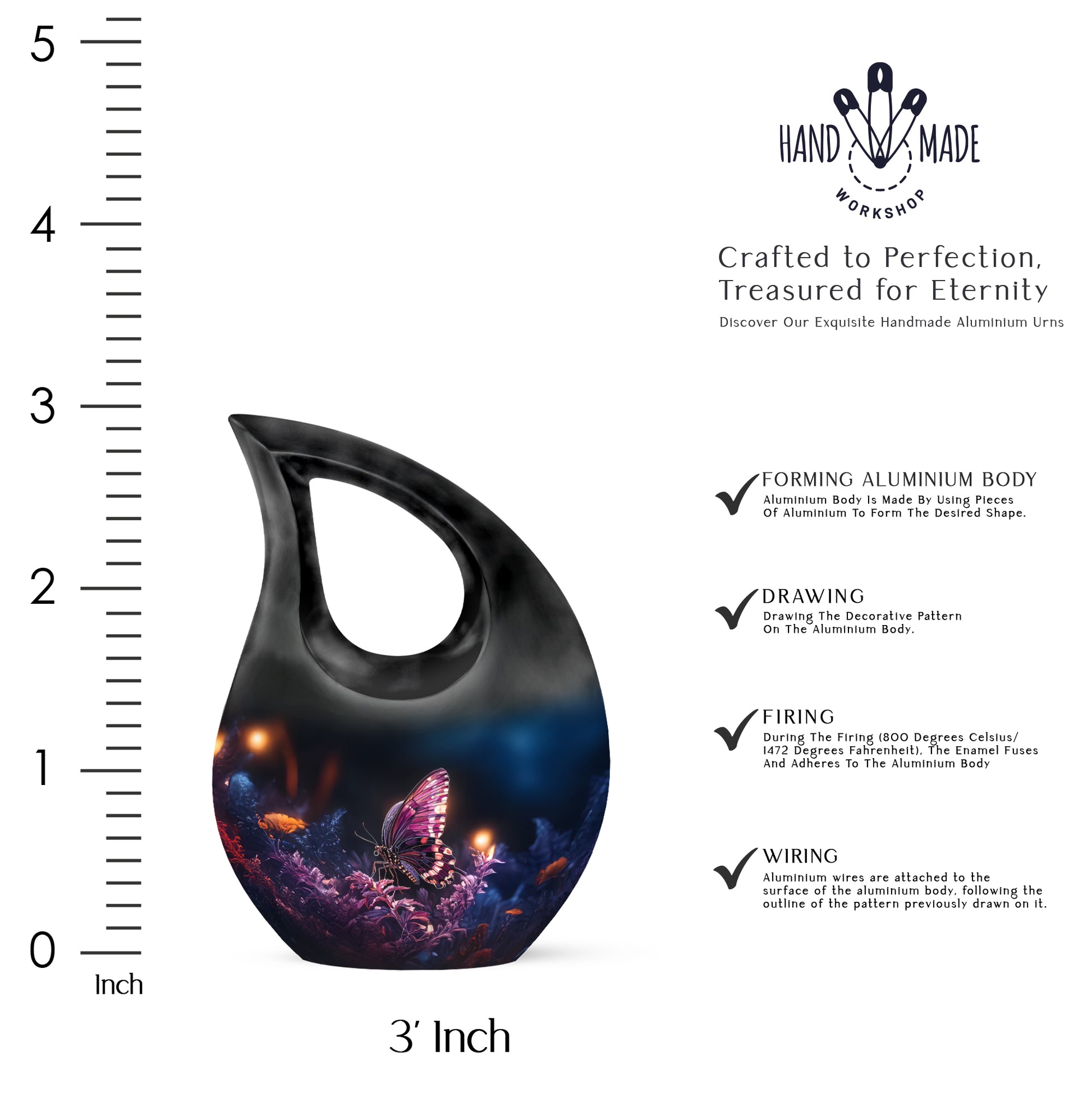 Jet Black Butterfly Cremation Urn back view with polished surface - sacred cross merged with butterfly motif on metal - mini keepsake memorial for portion of cremation ashes