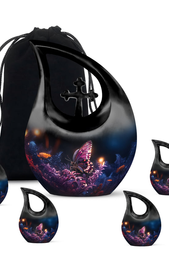 Onyx Black Butterfly Cremation Urn urn with complimentary velvet bag - devotional cross-drop butterfly engraving - memorial set with one large and four small urns