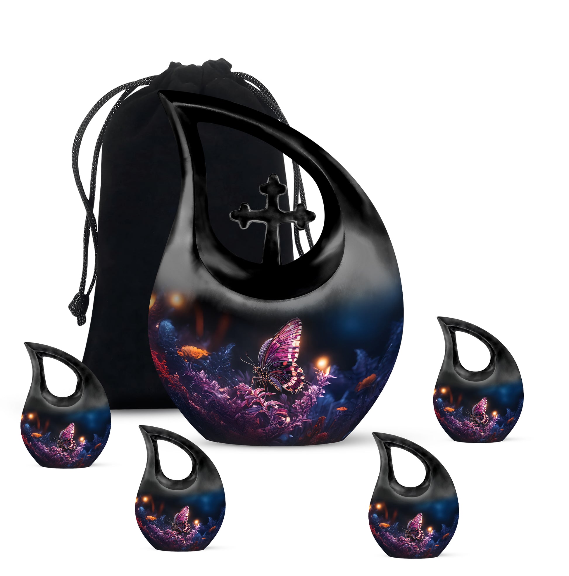 Onyx Black Butterfly Cremation Urn urn with complimentary velvet bag - devotional cross-drop butterfly engraving - memorial set with one large and four small urns