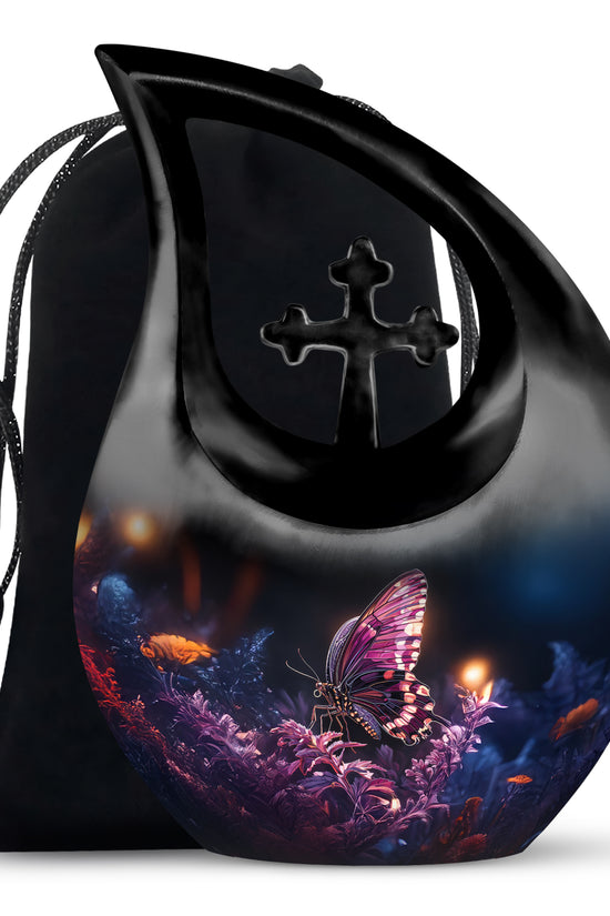 Rich Black Butterfly Cremation Urn top-down view of secure threaded lid - sacred cross merged with butterfly motif on metal - full-size 10 inch 200 cubic inch adult cremation urn