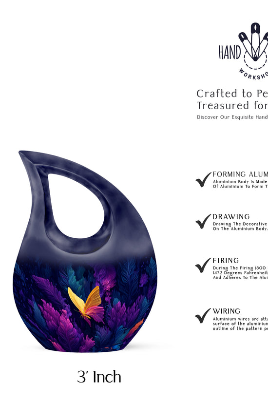 Royal Blue Butterfly Cremation Urn back view with polished surface - faith-inspired cross-drop urn with butterfly pattern - mini keepsake memorial for portion of cremation ashes