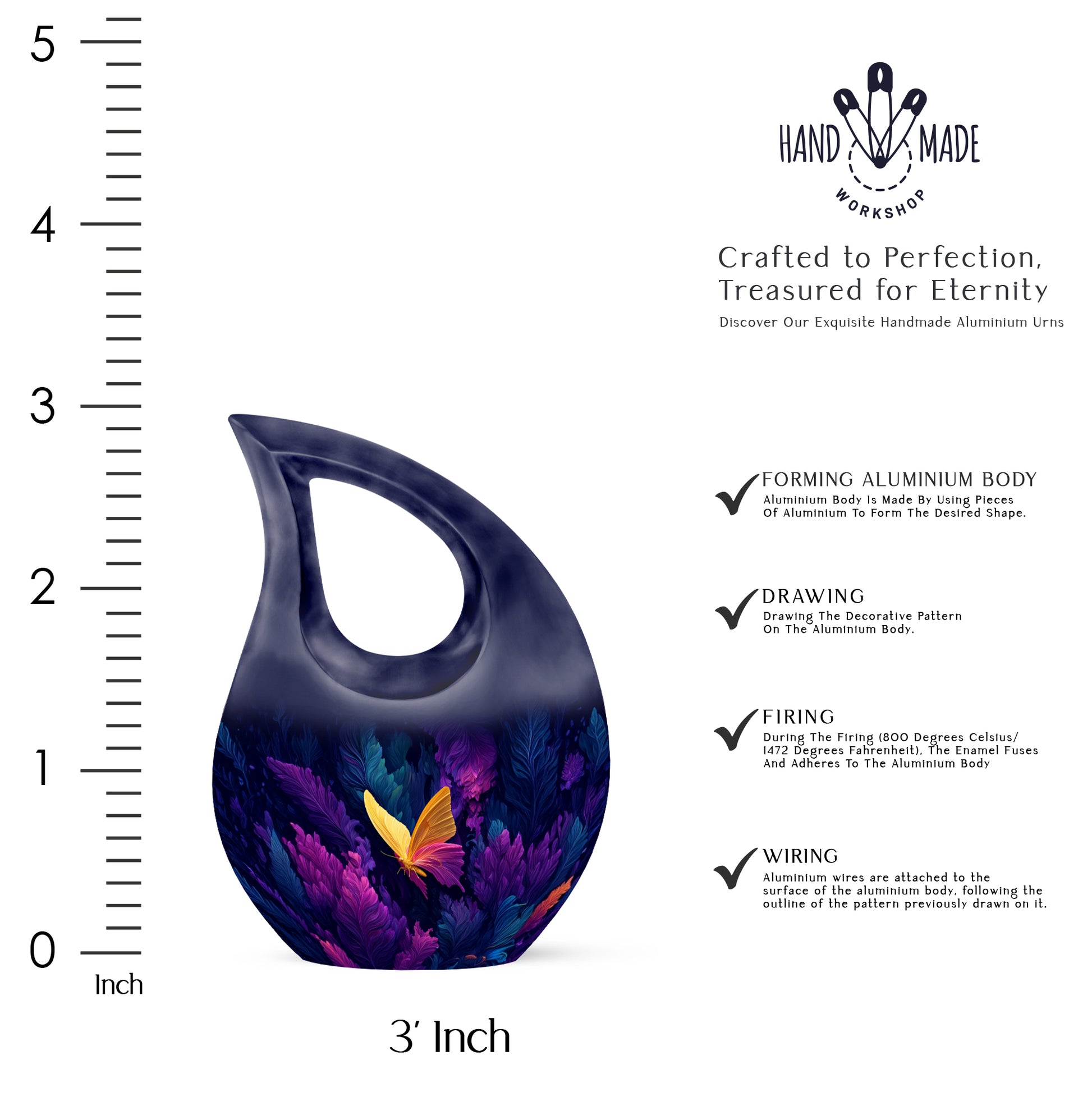 Royal Blue Butterfly Cremation Urn back view with polished surface - faith-inspired cross-drop urn with butterfly pattern - mini keepsake memorial for portion of cremation ashes