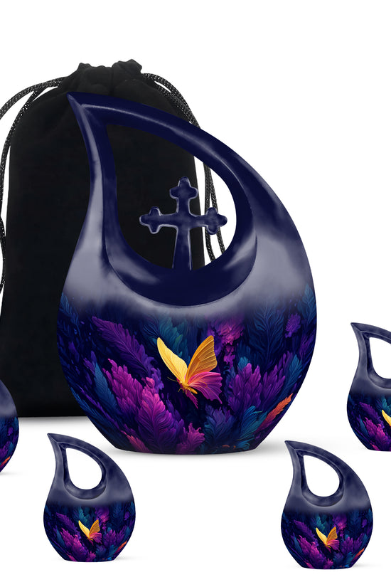 Twilight Blue Butterfly Cremation Urn urn with complimentary velvet bag - faith-inspired cross-drop urn with butterfly pattern - memorial set with one large and four small urns