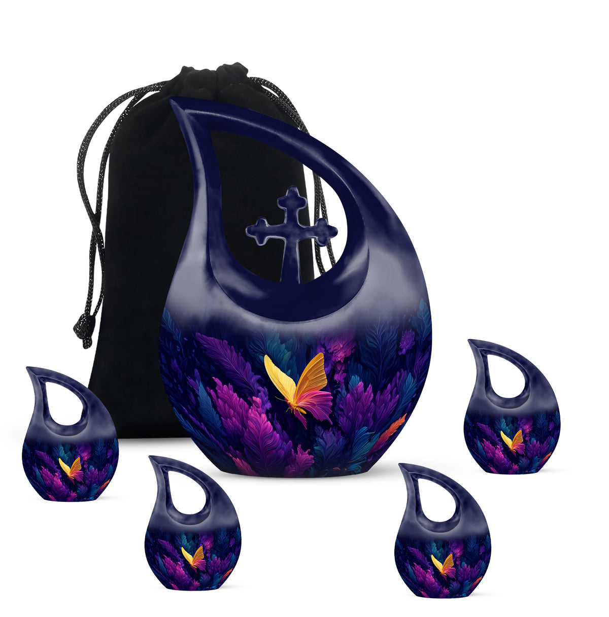 Twilight Blue Butterfly Cremation Urn urn with complimentary velvet bag - faith-inspired cross-drop urn with butterfly pattern - memorial set with one large and four small urns