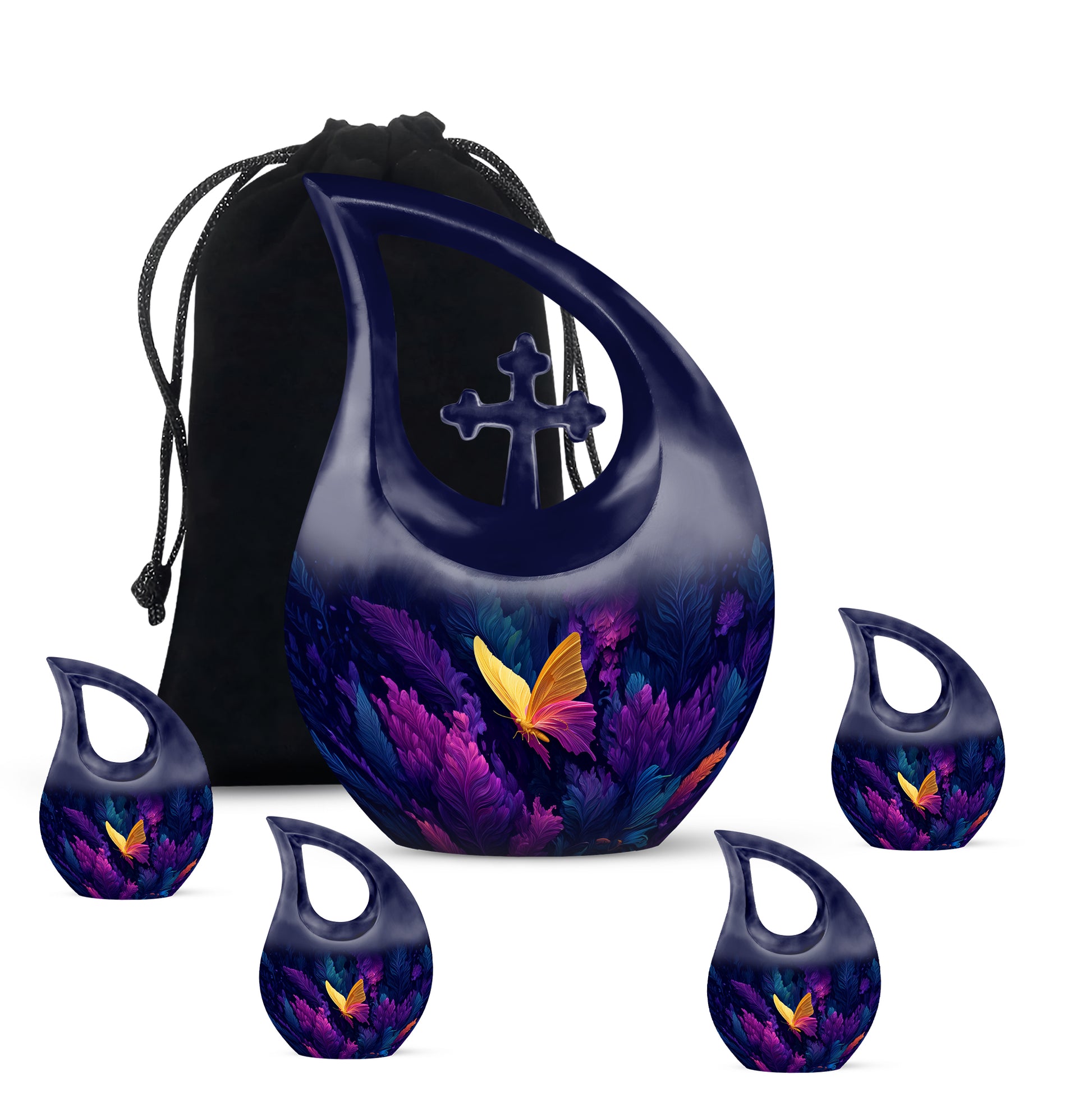 Twilight Blue Butterfly Cremation Urn urn with complimentary velvet bag - faith-inspired cross-drop urn with butterfly pattern - memorial set with one large and four small urns