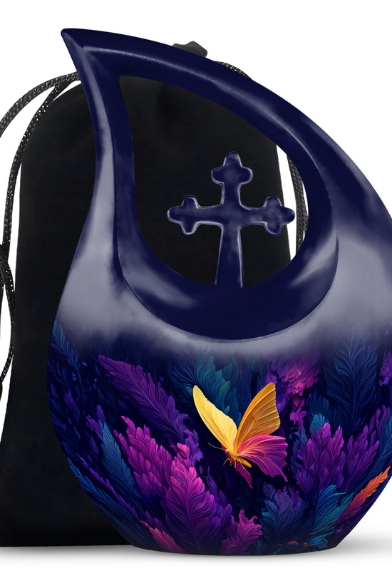 Sapphire Blue Butterfly Cremation Urn top-down view of secure threaded lid - faith-inspired cross-drop urn with butterfly pattern - full-size 10 inch 200 cubic inch adult cremation urn