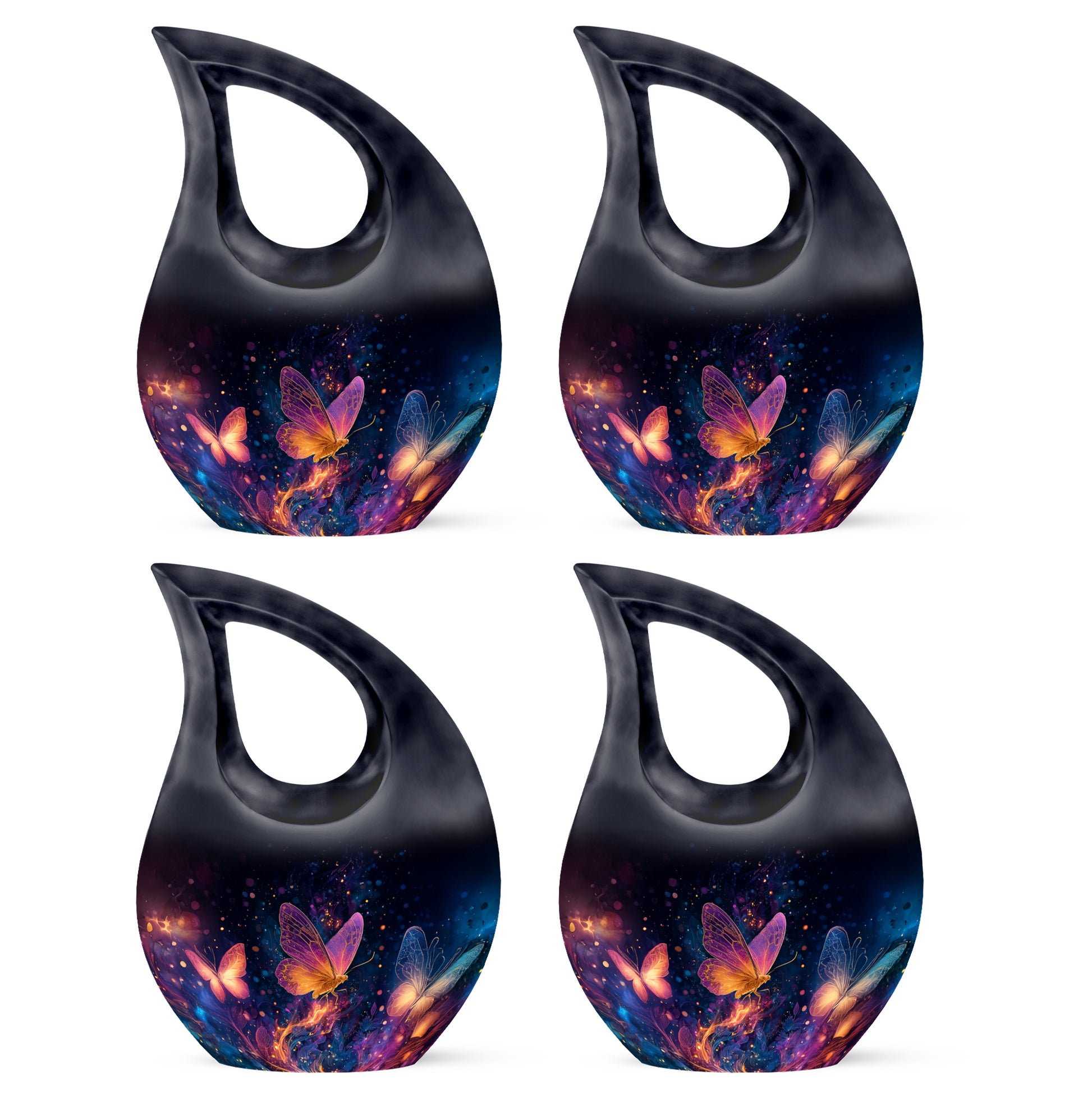 Jet Black Butterfly Cremation Urn lifestyle display on memorial shelf - sacred cross merged with butterfly motif on metal - 10 inch aluminum urn for cremated remains