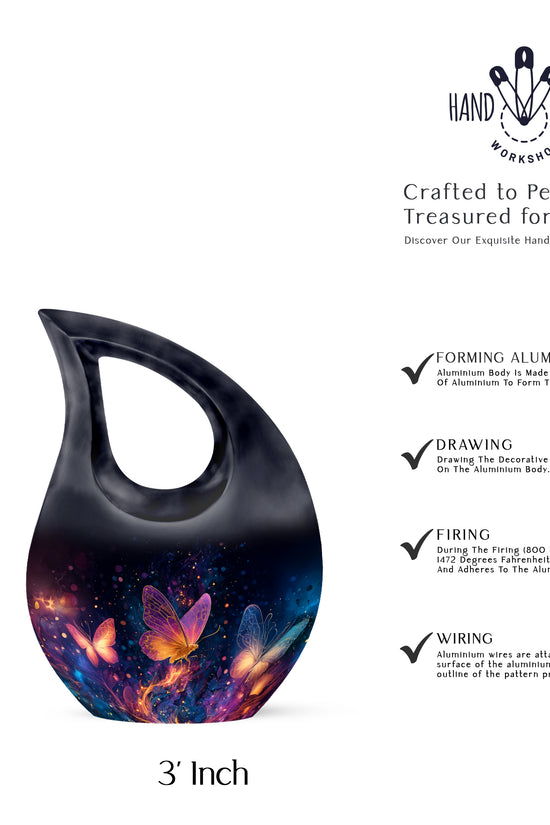 Obsidian Black Butterfly Cremation Urn back view with polished surface - faith-inspired cross-drop urn with butterfly pattern - mini keepsake memorial for portion of cremation ashes
