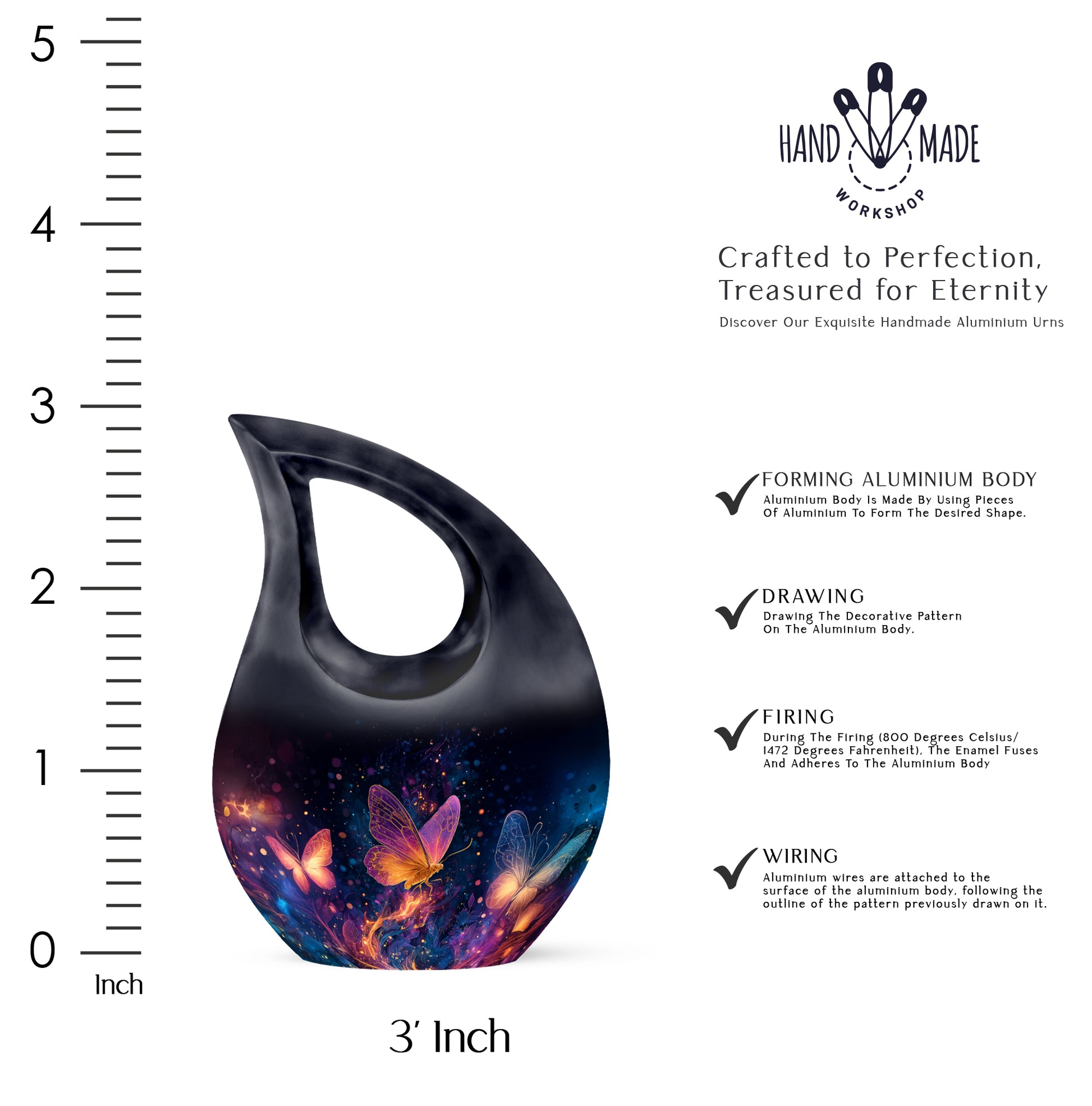 Obsidian Black Butterfly Cremation Urn back view with polished surface - faith-inspired cross-drop urn with butterfly pattern - mini keepsake memorial for portion of cremation ashes