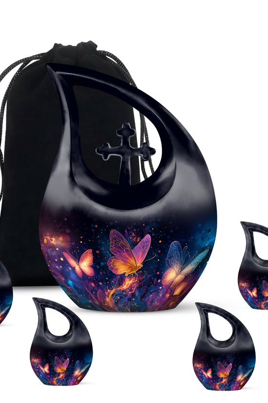 Deep Black Butterfly Cremation Urn urn with complimentary velvet bag - sacred cross merged with butterfly motif on metal - memorial set with one large and four small urns