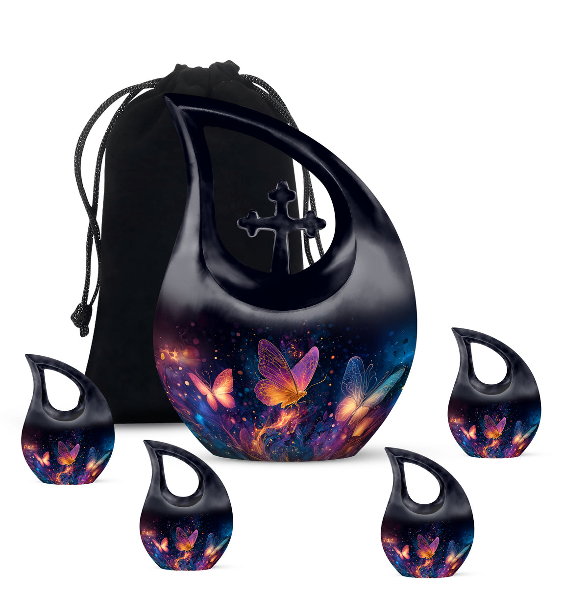 Deep Black Butterfly Cremation Urn urn with complimentary velvet bag - sacred cross merged with butterfly motif on metal - memorial set with one large and four small urns