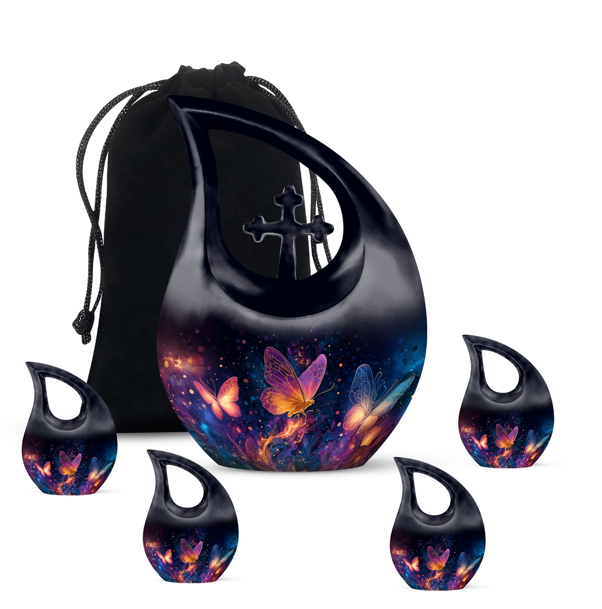 Deep Black Butterfly Cremation Urn urn with complimentary velvet bag - sacred cross merged with butterfly motif on metal - memorial set with one large and four small urns