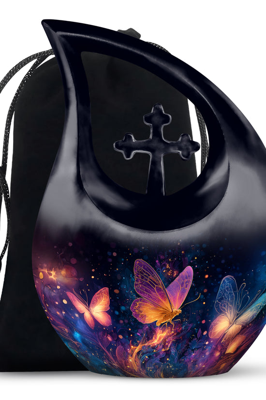 Jet Black Butterfly Cremation Urn top-down view of secure threaded lid - cross and butterfly combined in spiritual memorial design - full-size 10 inch 200 cubic inch adult cremation urn