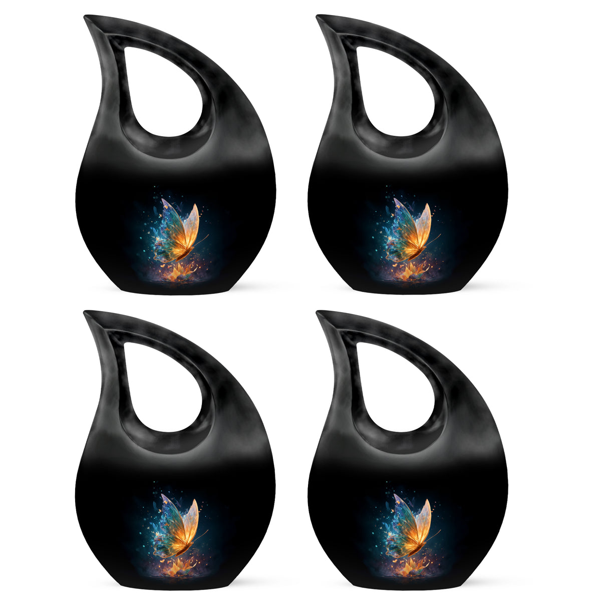 Obsidian Black Butterfly Cremation Urn lifestyle display on memorial shelf - devotional cross-drop butterfly engraving - 10 inch aluminum urn for cremated remains