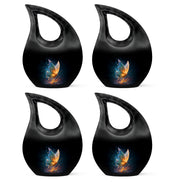 Obsidian Black Butterfly Cremation Urn lifestyle display on memorial shelf - devotional cross-drop butterfly engraving - 10 inch aluminum urn for cremated remains