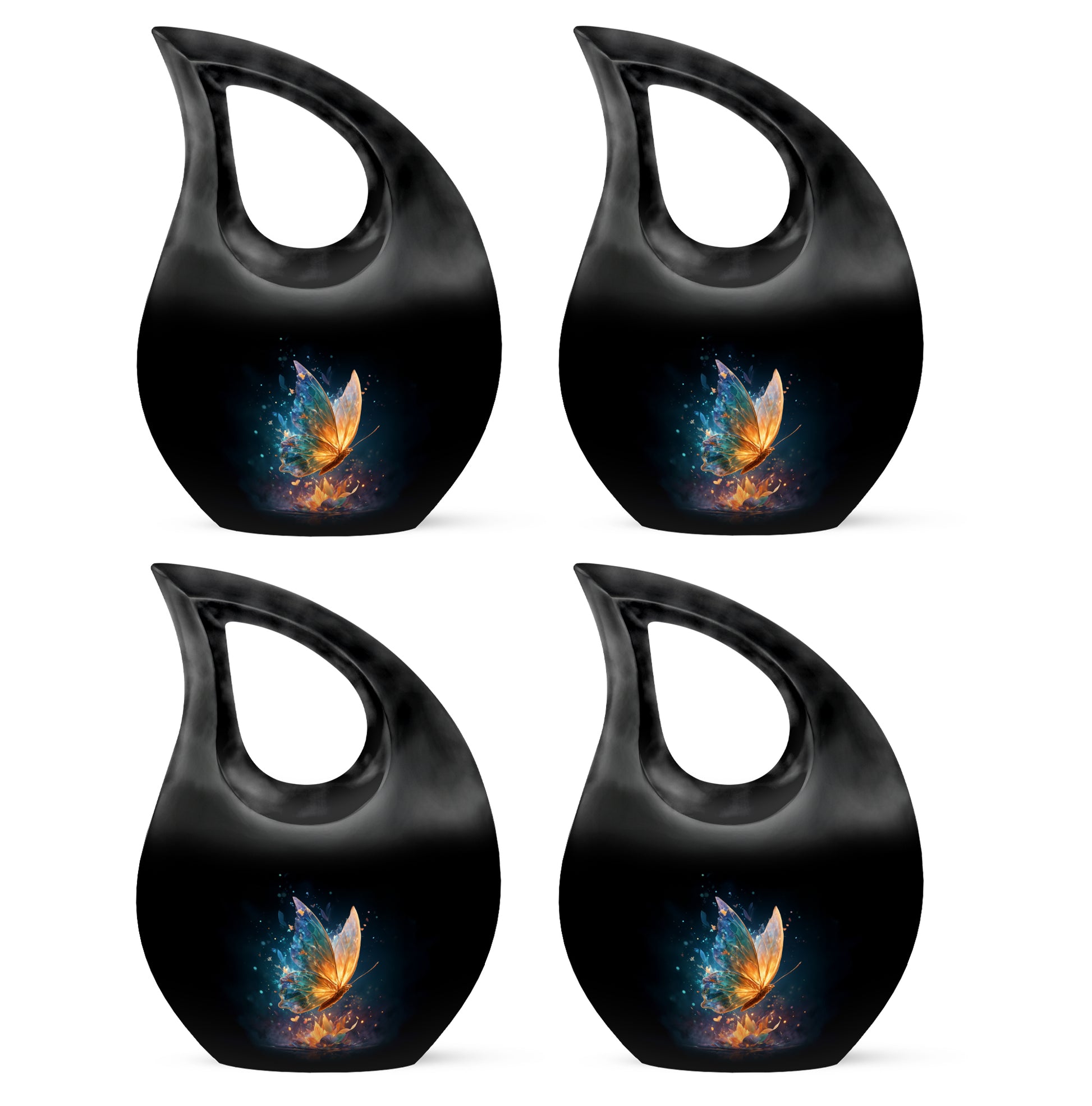 Obsidian Black Butterfly Cremation Urn lifestyle display on memorial shelf - devotional cross-drop butterfly engraving - 10 inch aluminum urn for cremated remains