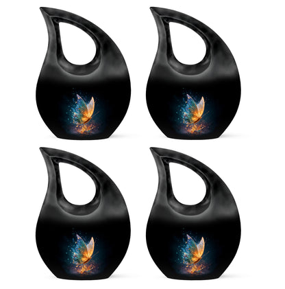 Obsidian Black Butterfly Cremation Urn lifestyle display on memorial shelf - devotional cross-drop butterfly engraving - 10 inch aluminum urn for cremated remains