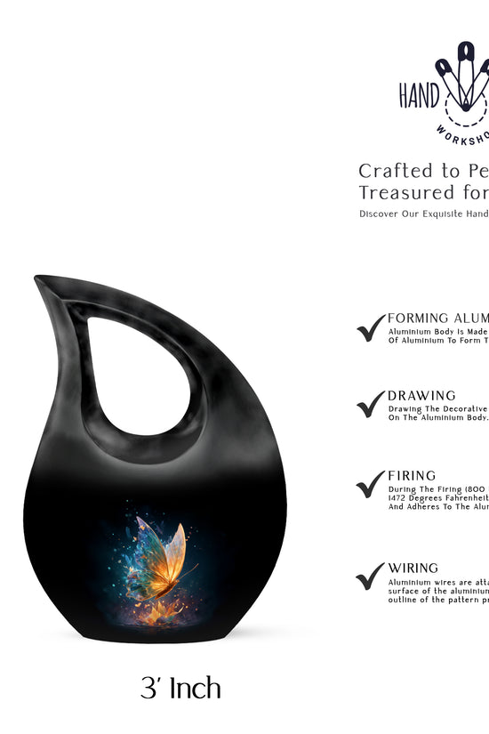 Glossy Black Butterfly Cremation Urn back view with polished surface - cross and butterfly combined in spiritual memorial design - mini keepsake memorial for portion of cremation ashes
