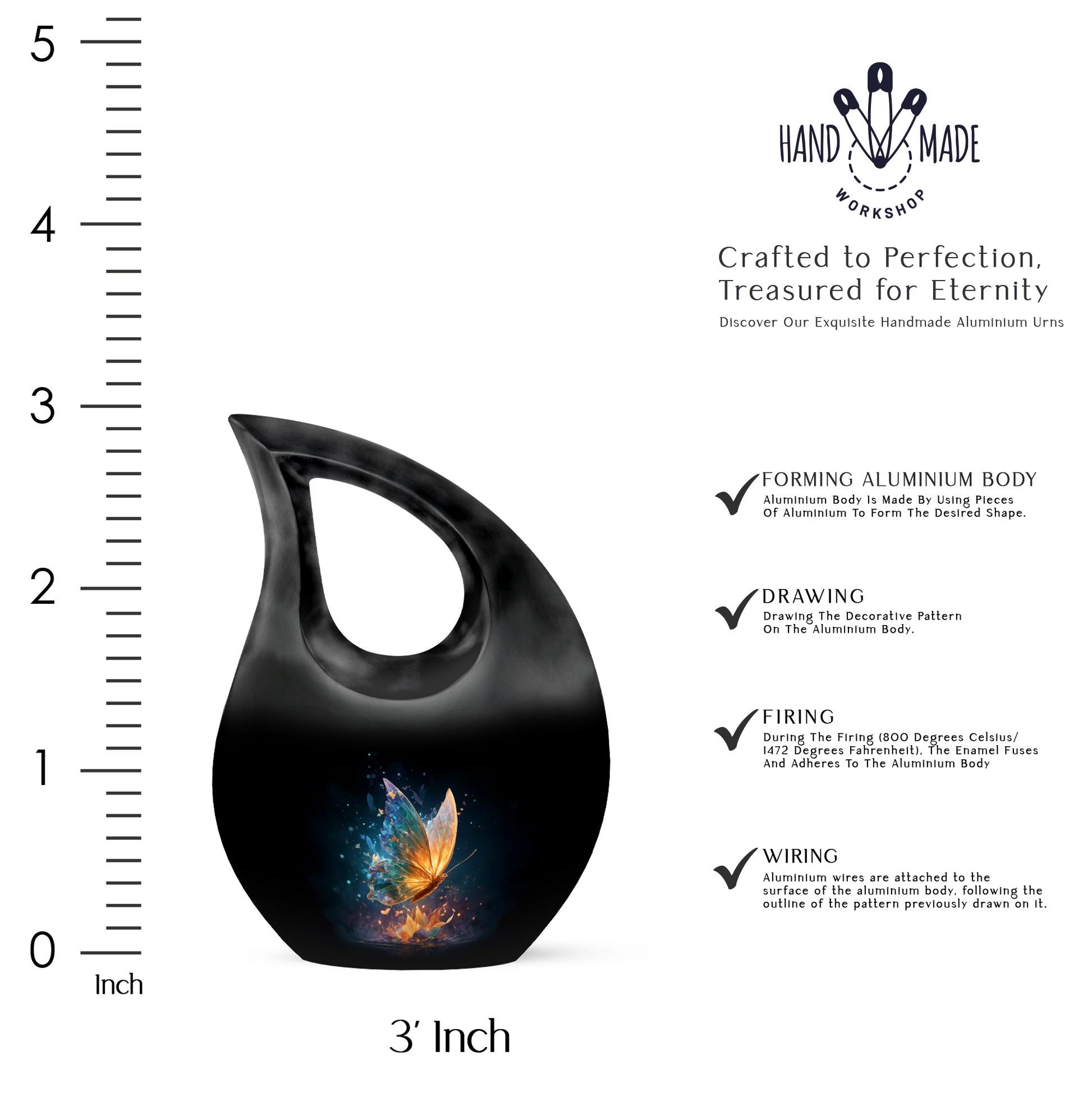 Glossy Black Butterfly Cremation Urn back view with polished surface - cross and butterfly combined in spiritual memorial design - mini keepsake memorial for portion of cremation ashes
