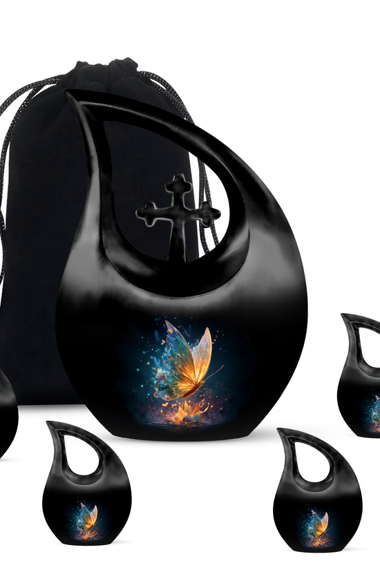 Charcoal Black Butterfly Cremation Urn urn with complimentary velvet bag - faith-inspired cross-drop urn with butterfly pattern - memorial set with one large and four small urns