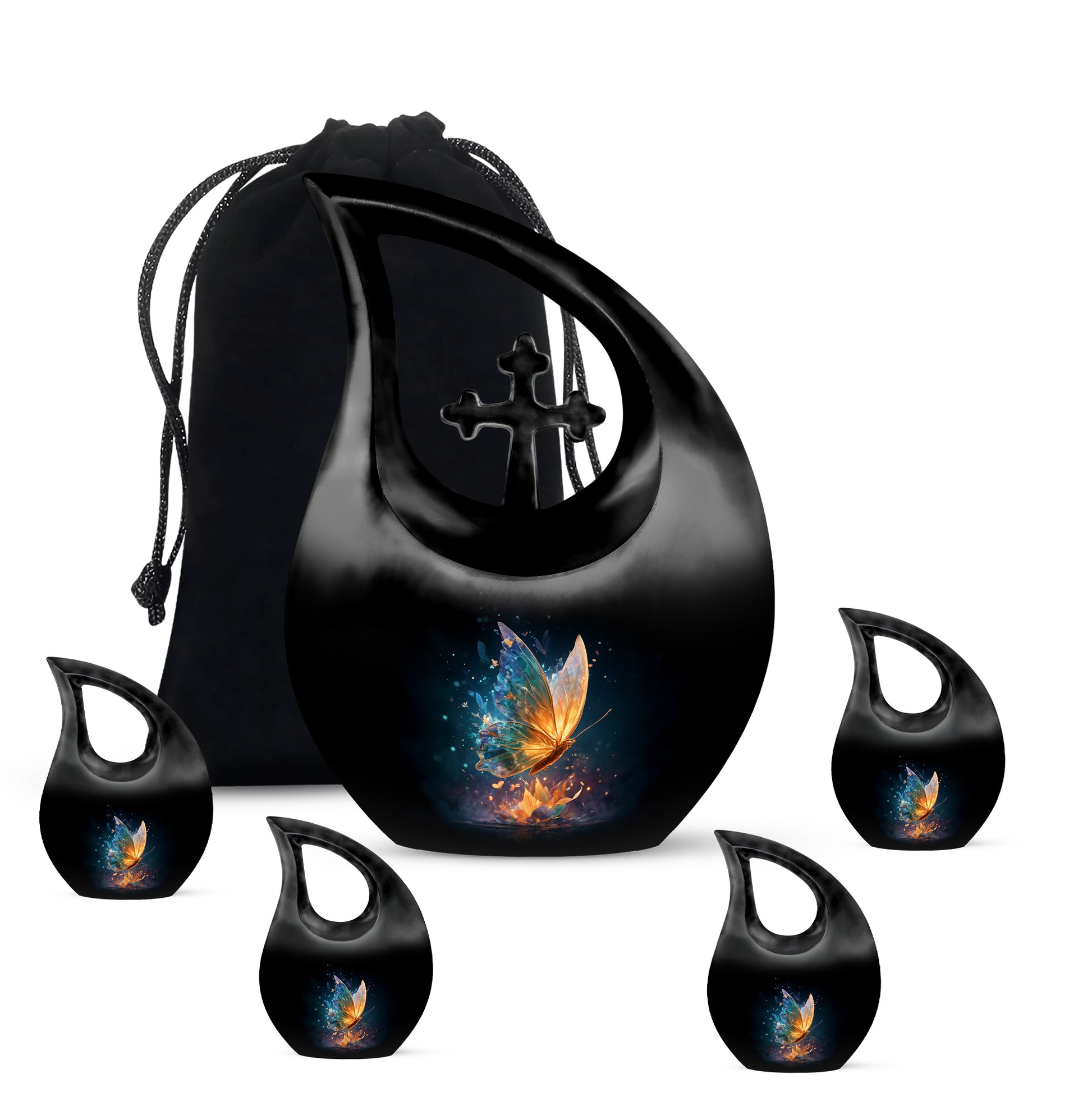 Charcoal Black Butterfly Cremation Urn urn with complimentary velvet bag - faith-inspired cross-drop urn with butterfly pattern - memorial set with one large and four small urns
