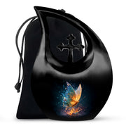 Obsidian Black Butterfly Cremation Urn top-down view of secure threaded lid - devotional cross-drop butterfly engraving - full-size 10 inch 200 cubic inch adult cremation urn