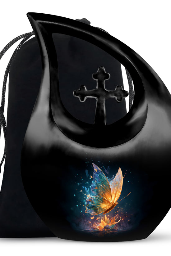Obsidian Black Butterfly Cremation Urn top-down view of secure threaded lid - devotional cross-drop butterfly engraving - full-size 10 inch 200 cubic inch adult cremation urn