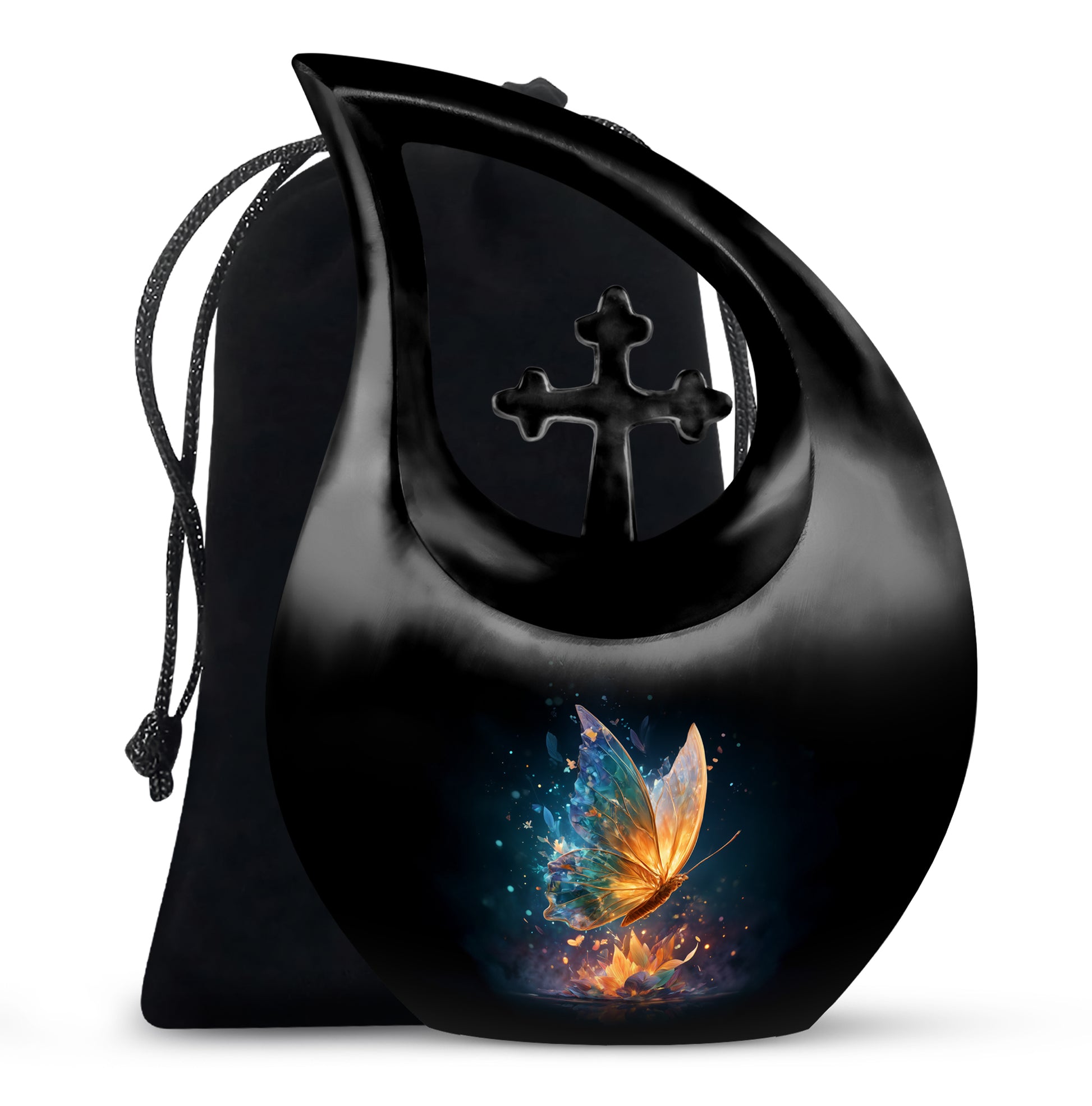Obsidian Black Butterfly Cremation Urn top-down view of secure threaded lid - devotional cross-drop butterfly engraving - full-size 10 inch 200 cubic inch adult cremation urn