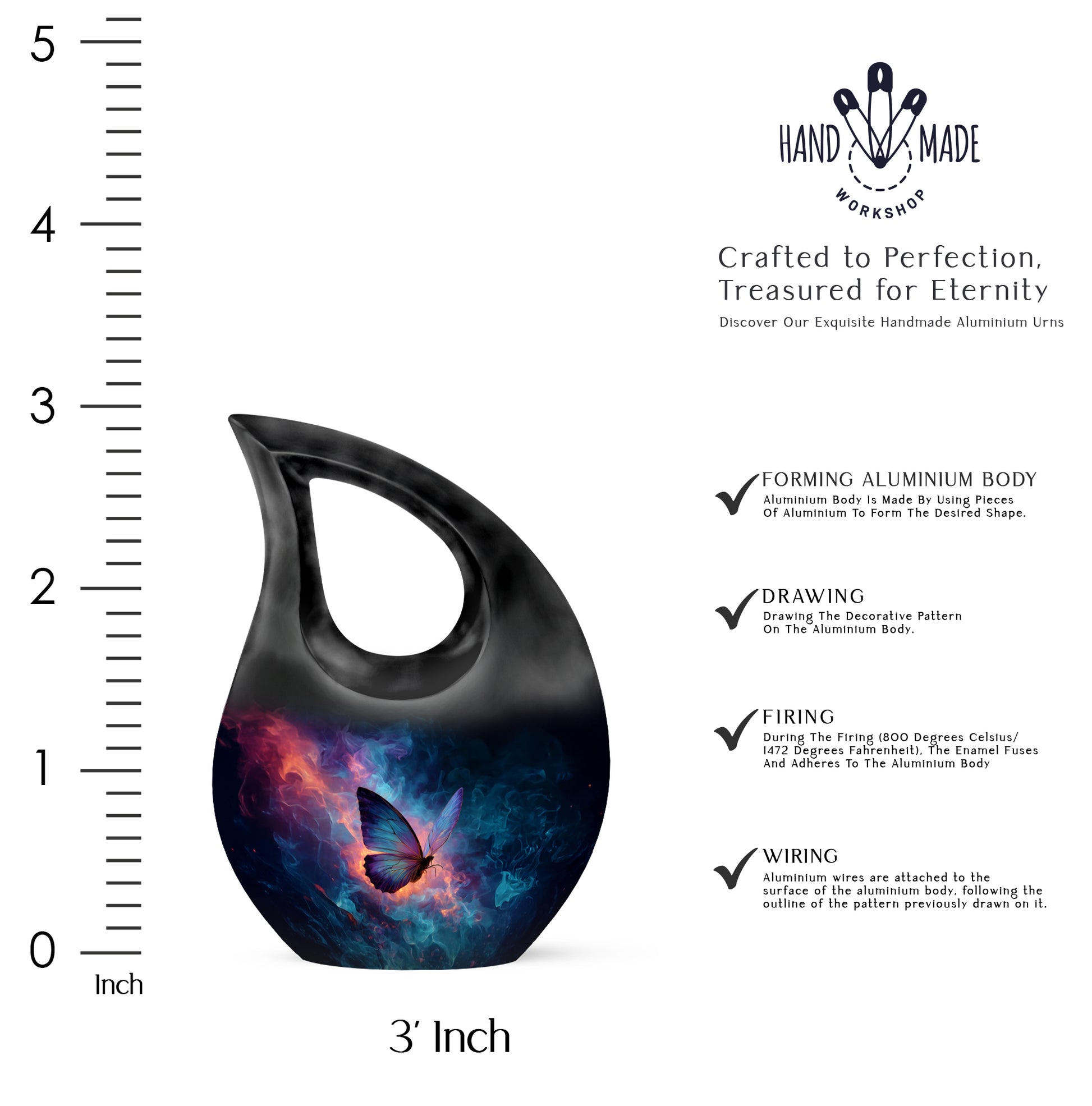 Dusty Blue Butterfly Cremation Urn back view with polished surface - sacred cross merged with butterfly motif on metal - mini keepsake memorial for portion of cremation ashes