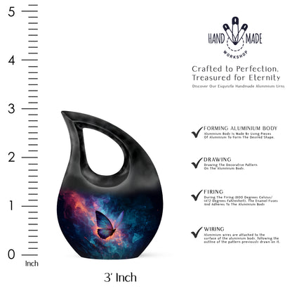Dusty Blue Butterfly Cremation Urn back view with polished surface - sacred cross merged with butterfly motif on metal - mini keepsake memorial for portion of cremation ashes
