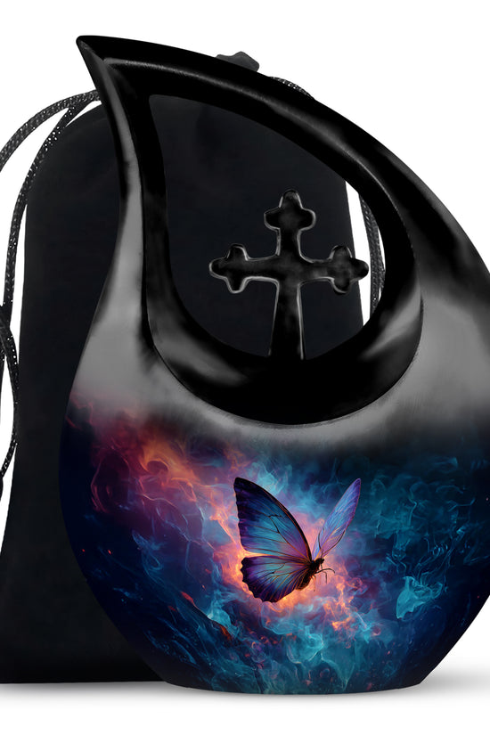 Calming Blue Butterfly Cremation Urn top-down view of secure threaded lid - faith-inspired cross-drop urn with butterfly pattern - full-size 10 inch 200 cubic inch adult cremation urn